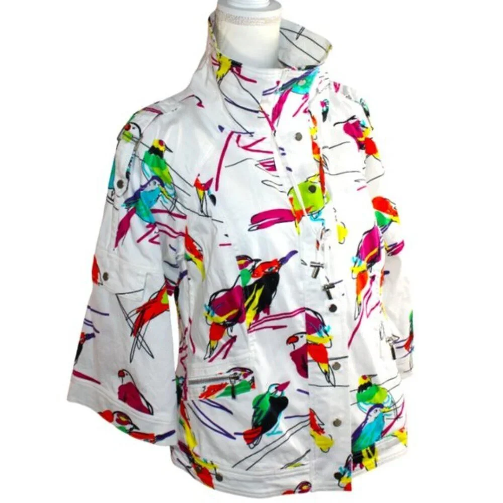 Berek White Multi Abstract Tropical Bird Cotton Jacket Size Large
